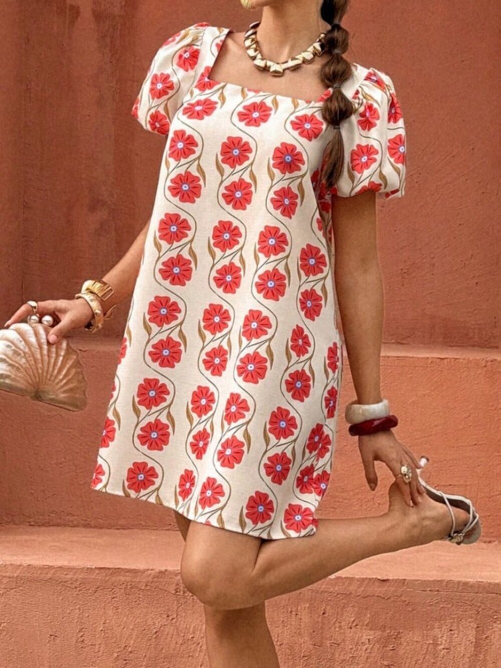 Red Boho Women's Floral Print Square Neck Petal Sleeve Mini Dress